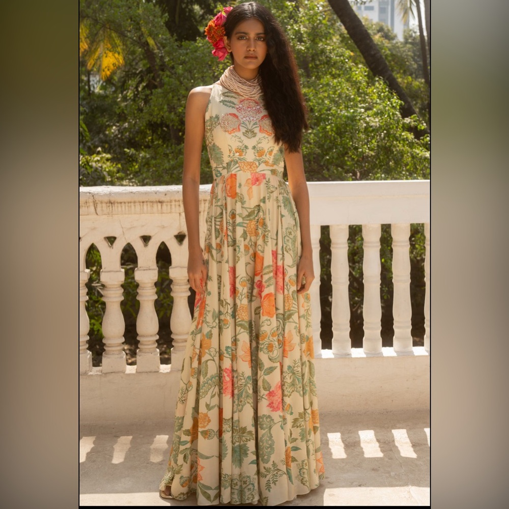 Paulmi and Harsh Ivory Crepe Jumpsuit Dress
